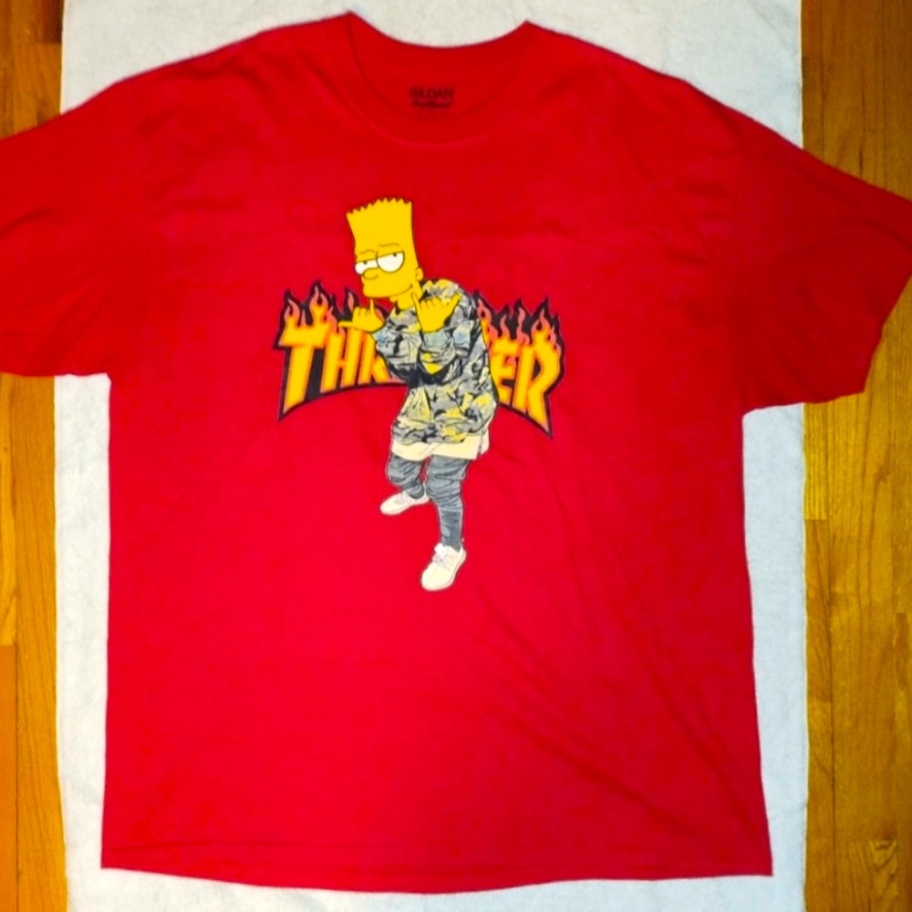 Vintage Bart Simpson Thrasher Logo On Fire 🔥 Red T-Shirt Hang Loose YEEZYS XL